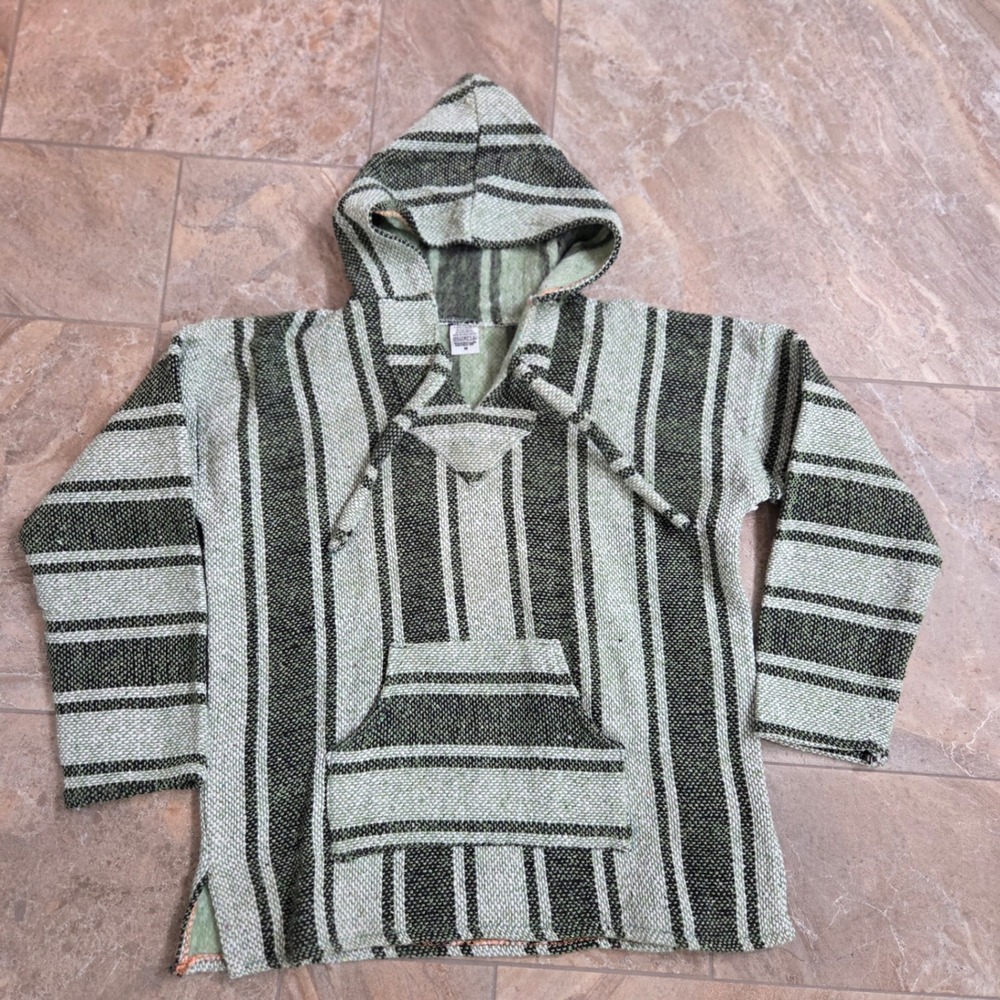 VTG Chavitos Men's Striped Baja Hoodie Pullover Green White Size M‎